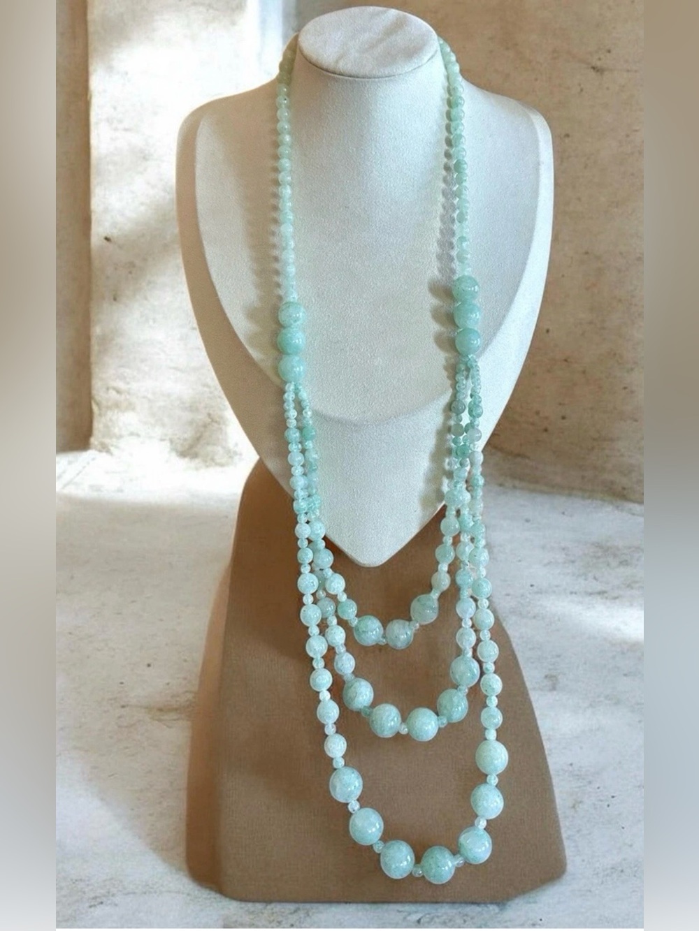 Vintage Green Jade Graduated Bead Necklace 3-Strand Estate Gemstone Long